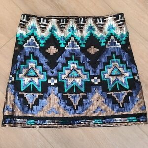 Women's small pull on elastic waist aztec sequin skirt EUC art deco NYE